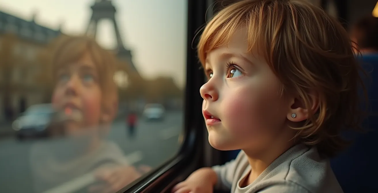 Gros plan sur le visage émerveillé d'une enfant (6-7 ans) observant la vue depuis l'étage supérieur d'un bus touristique, reflet de la Tour Eiffel dans ses yeux, moment de pure découverte
