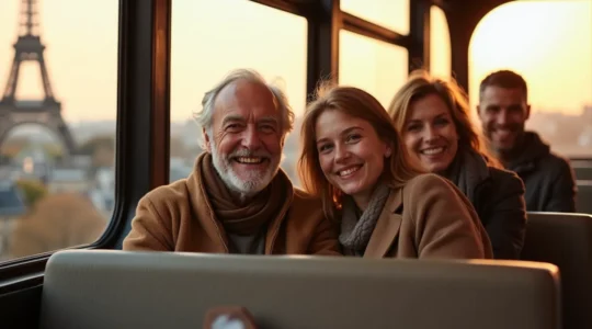 Famille multigénérationnelle en souriant depuis l'étage supérieur d'un bus touristique panoramique face à la Tour Eiffel illuminée en arrière-plan, avec vue panoramique de Paris