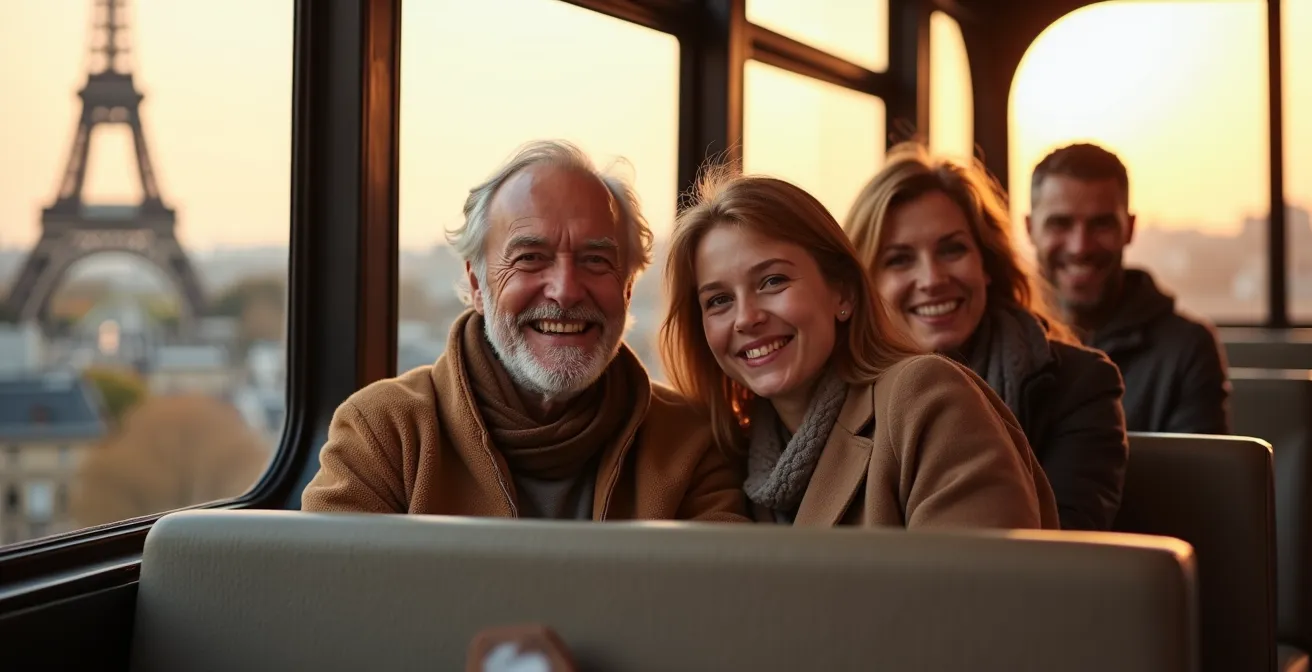 Famille multigénérationnelle en souriant depuis l'étage supérieur d'un bus touristique panoramique face à la Tour Eiffel illuminée en arrière-plan, avec vue panoramique de Paris